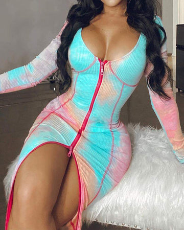 Tie Dye Zipper Front Ribbed Bodycon Dress