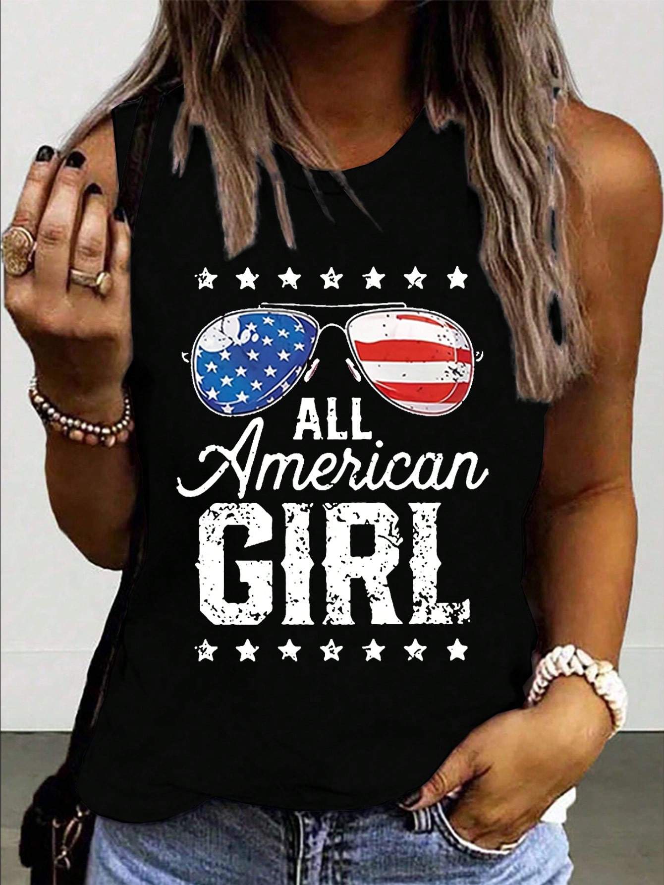 SLAYR WOMEN S ROUND NECK LETTER AND FLAG PRINTED CASUAL TANK TOP FOR SUMMER