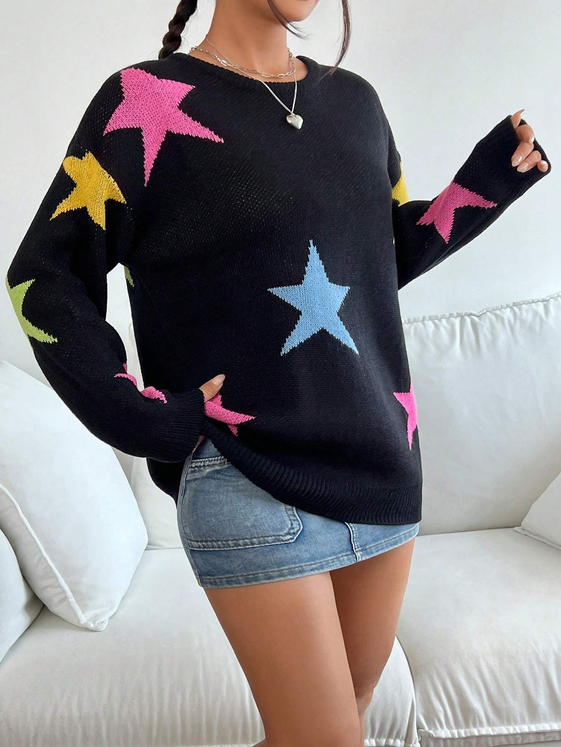 QUTIE STAR PATTERN DROP SHOULDER SWEATER