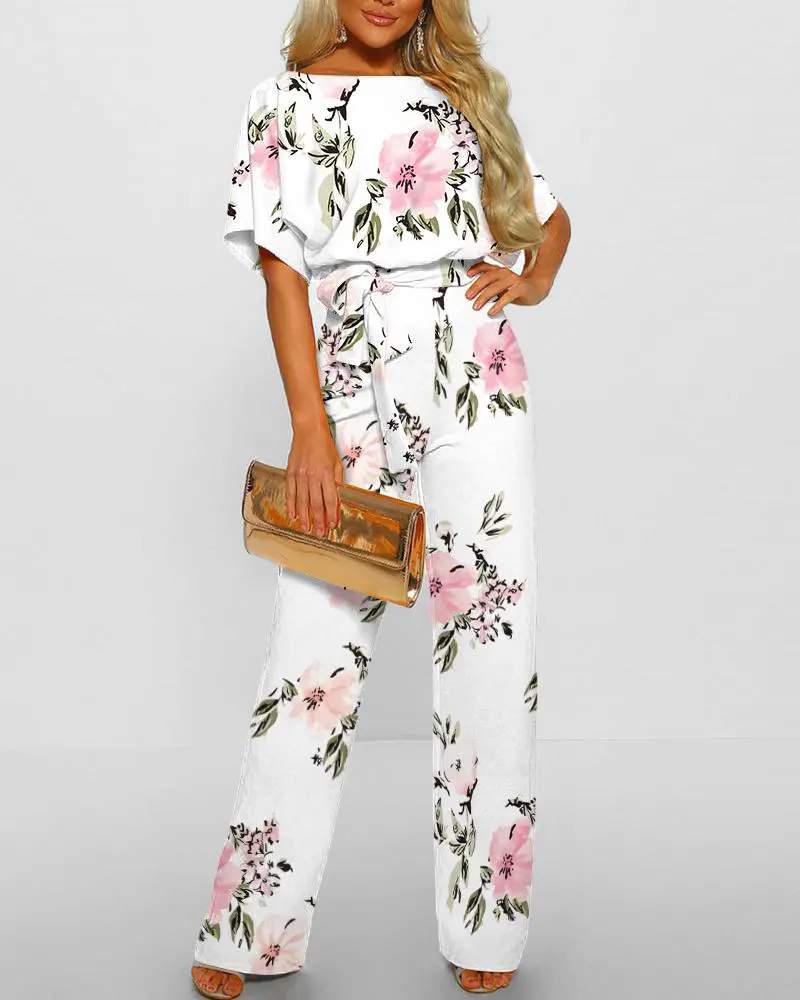 FLORAL PRINT BATWING SLEEVE BELTED JUMPSUIT