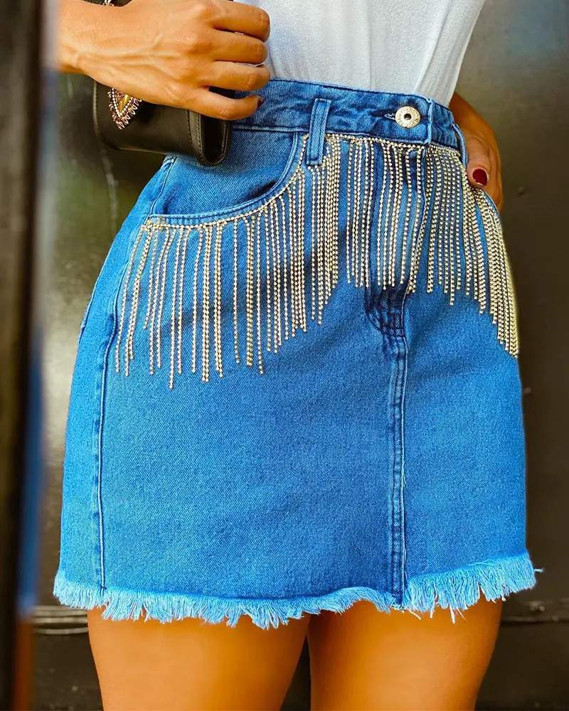 TASSEL DECOR RAW HEM MINI DENIM SKIRT