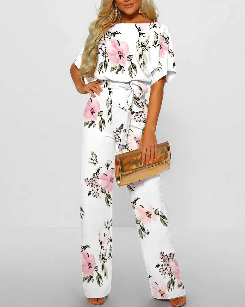 FLORAL PRINT BATWING SLEEVE BELTED JUMPSUIT