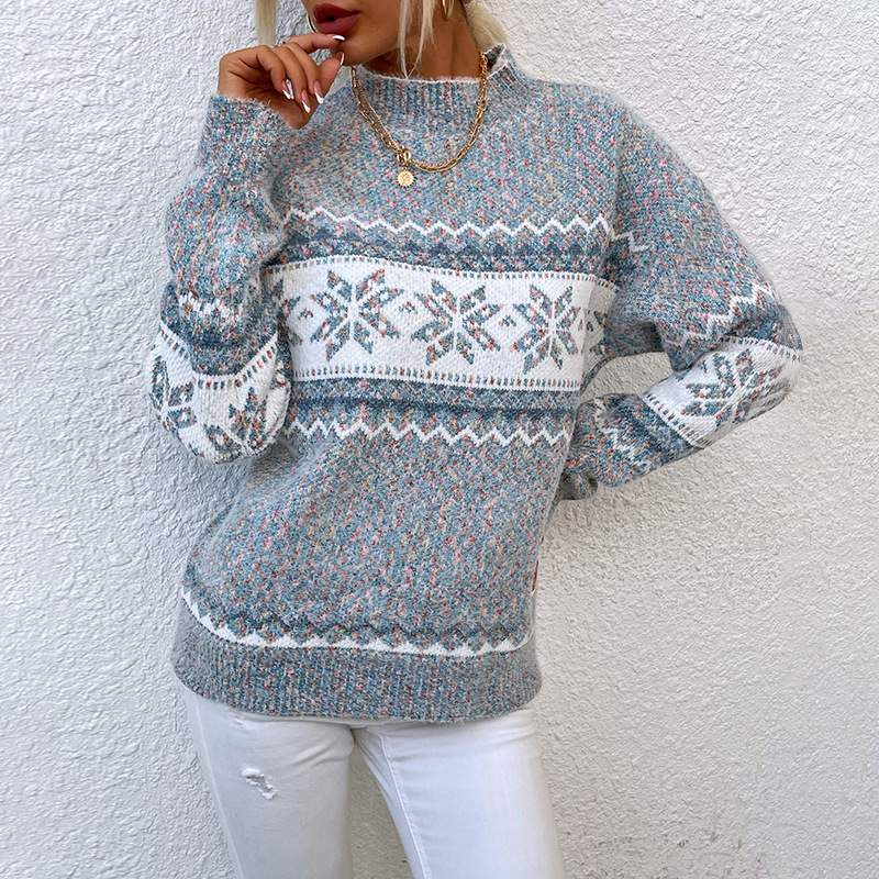  CHRISTMAS TURTLENECK HALF HIGH COLLAR SNOWFLAKE SWEATER WOMEN