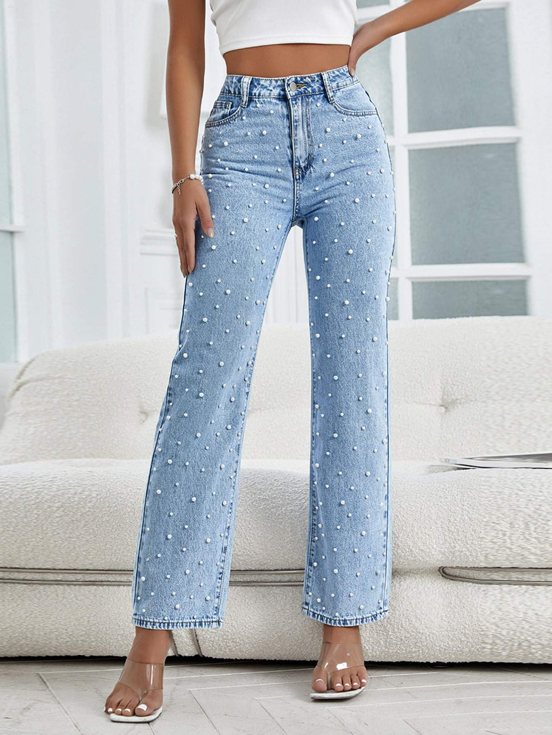 PEARLS BEADED FLARE LEG JEANS