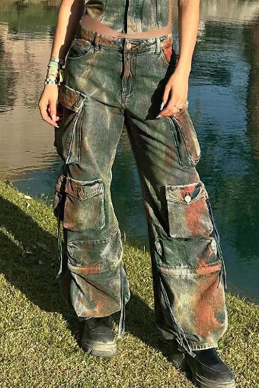 DISTRESSED DENIM CARGO PANTS