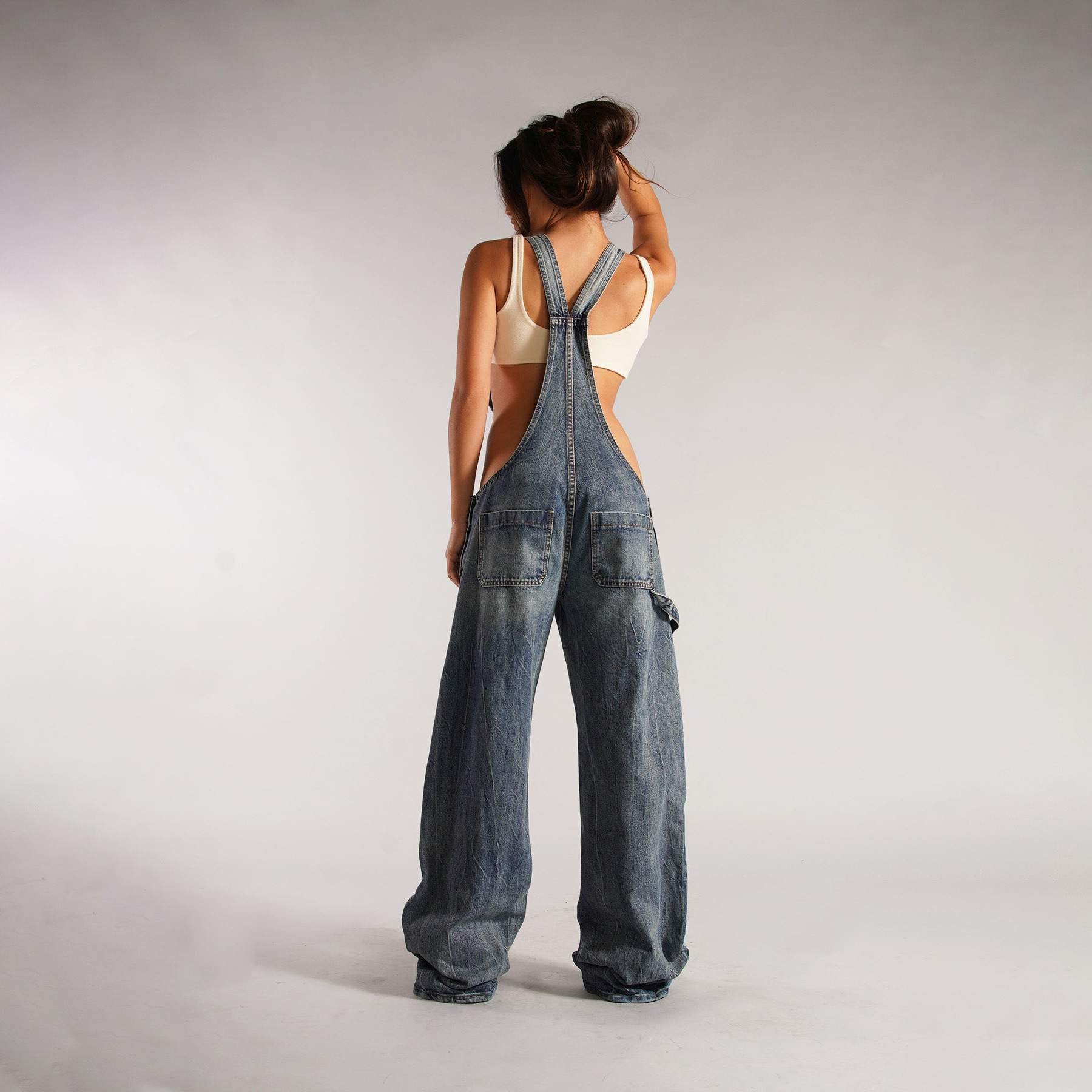  STRAP SIM WIDE LEG JEANS STYLE SPICE GIRL DISTRESSED STRAIGHT PANTS