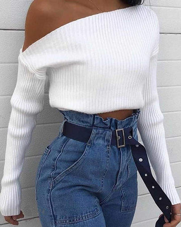 Plain One Shoulder Long Sleeve Knit Sweater