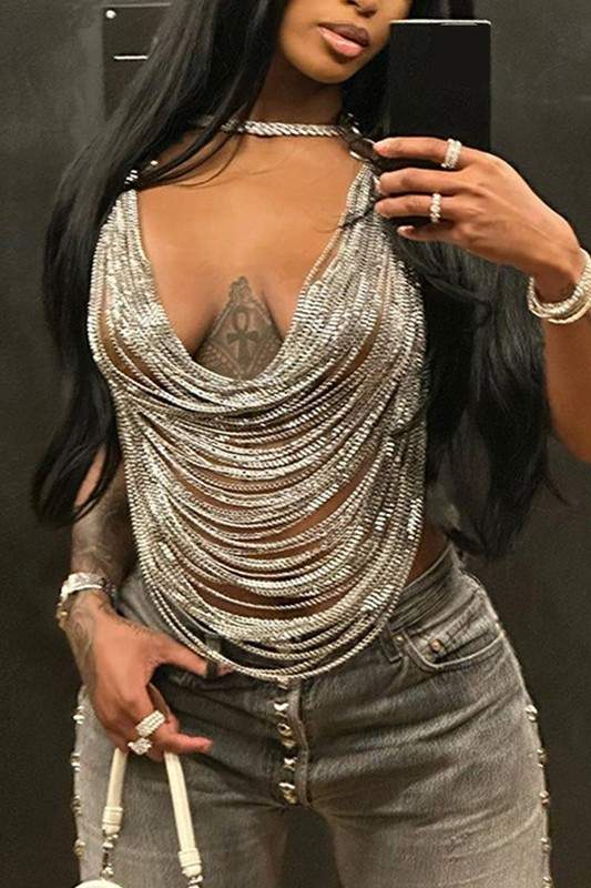 HALTER METAL CHAIN BACKLESS TOP