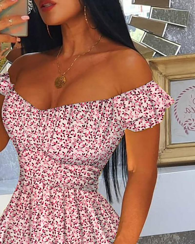 Layered Ruffles Off Shoulder Floral Print Dress