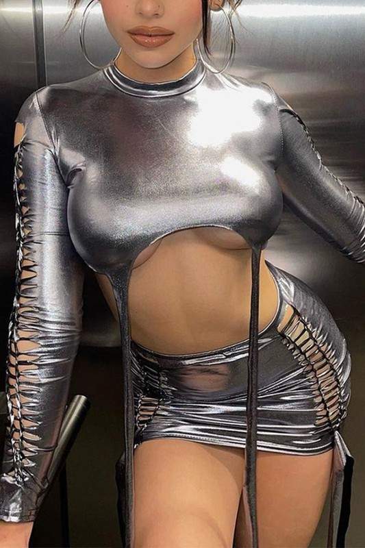 METALLIC SHIRT AND SKIRT SET