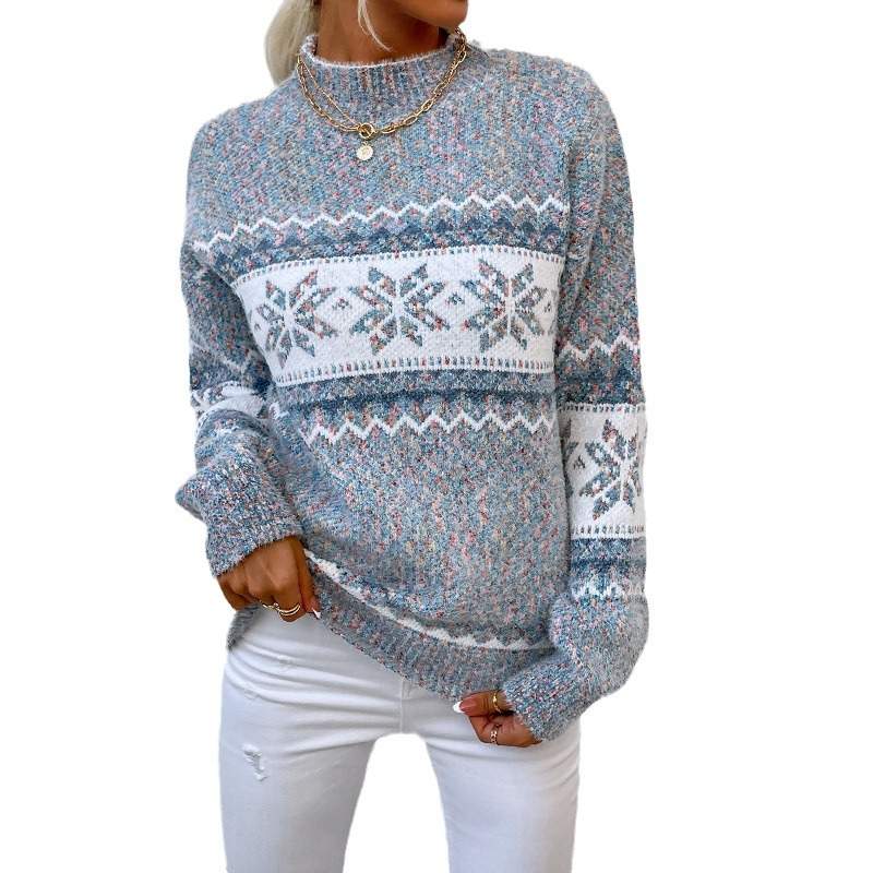  CHRISTMAS TURTLENECK HALF HIGH COLLAR SNOWFLAKE SWEATER WOMEN