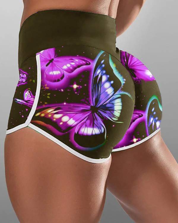 Butterfly Print High Waist Active Shorts