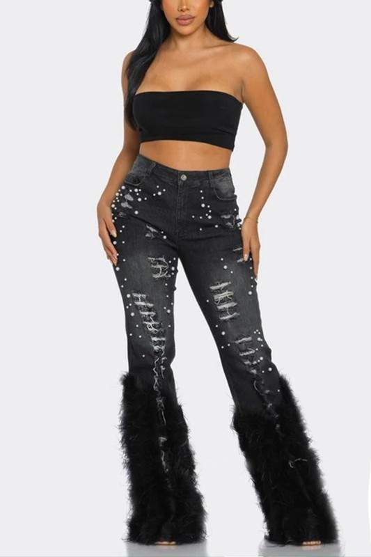 FAUX FUR PEARLS DENIM PANTS