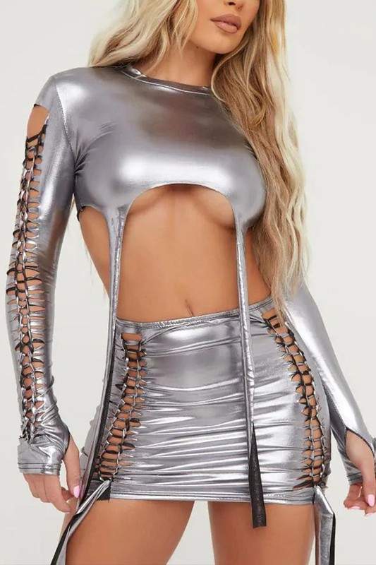 METALLIC SHIRT AND SKIRT SET