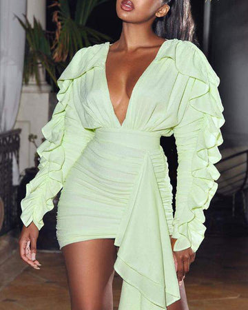 Ruffles Ruched Plunge Draped Bodycon Dress