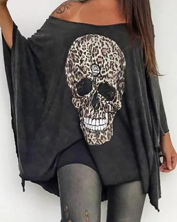 Skull Leopard Print Batwing Sleeve Tshirt