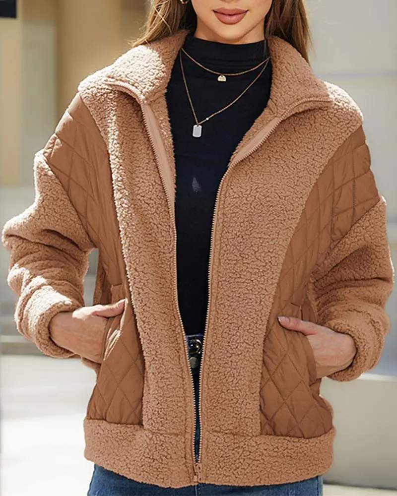 WOMEN S POCKET DESIGN PATCHWORK LONG SLEEVE FLUFFY TEDDY PUFFER COAT