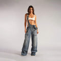  STRAP SIM WIDE LEG JEANS STYLE SPICE GIRL DISTRESSED STRAIGHT PANTS