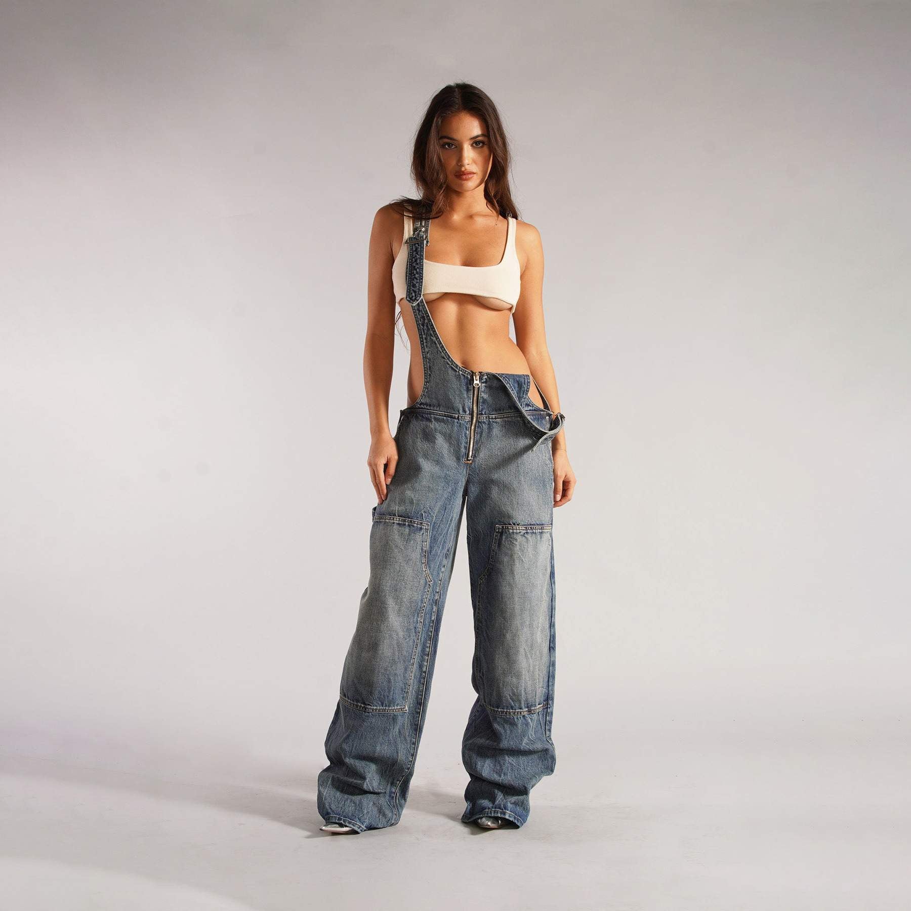  STRAP SIM WIDE LEG JEANS STYLE SPICE GIRL DISTRESSED STRAIGHT PANTS