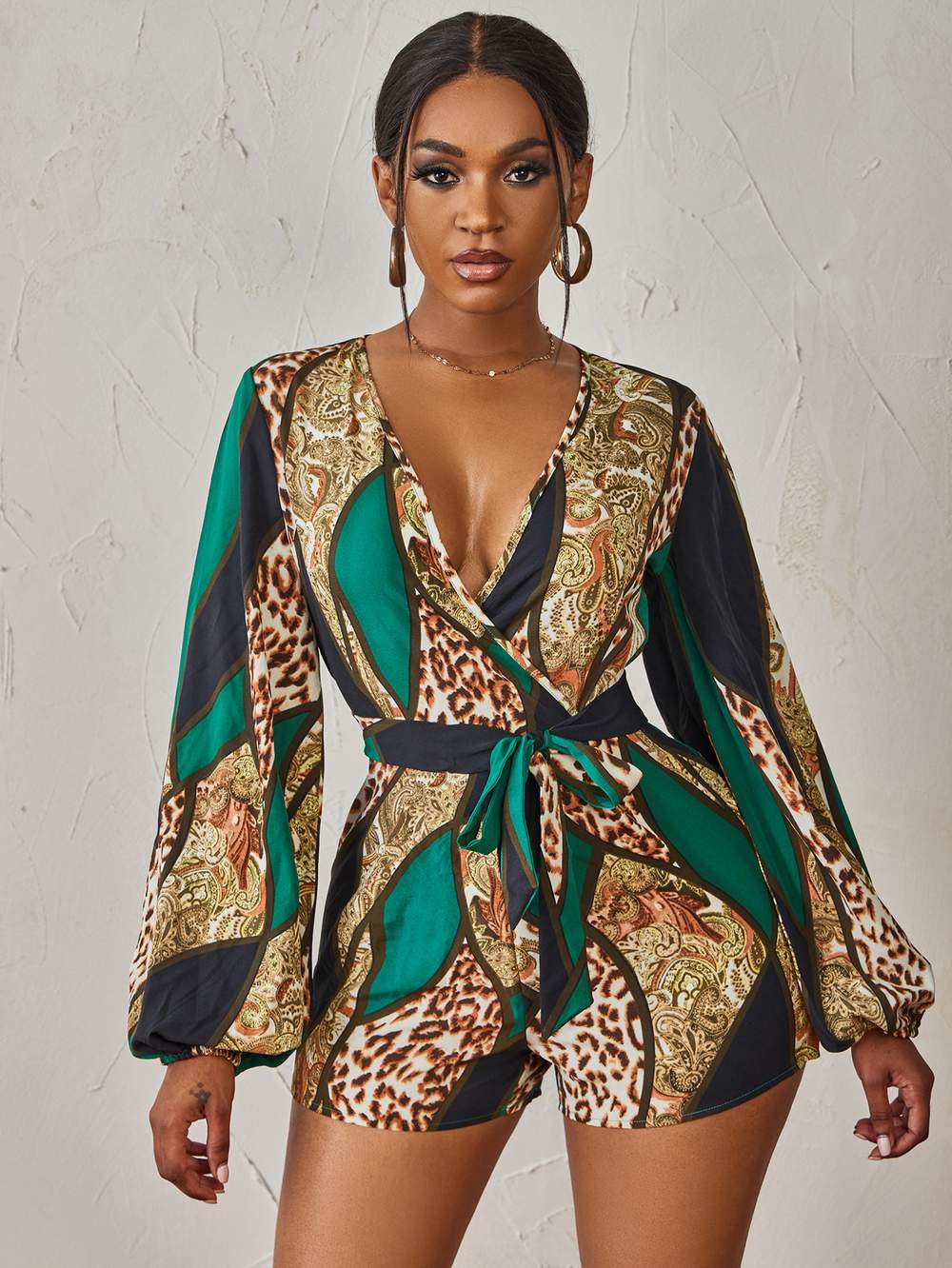 SXY LEOPARD PAISLEY PRINT COLORBLOCK LANTERN SLEEVE BELTED ROMPER