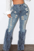 FAUX FUR PEARLS DENIM PANTS