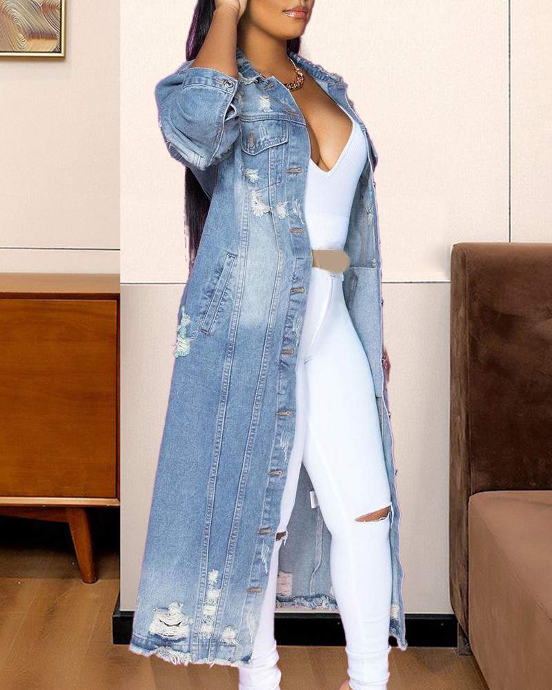 Ripped Buttoned Long Sleeve Pocket Design Denim Coat