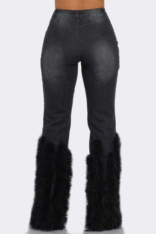 FAUX FUR PEARLS DENIM PANTS