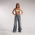  STRAP SIM WIDE LEG JEANS STYLE SPICE GIRL DISTRESSED STRAIGHT PANTS