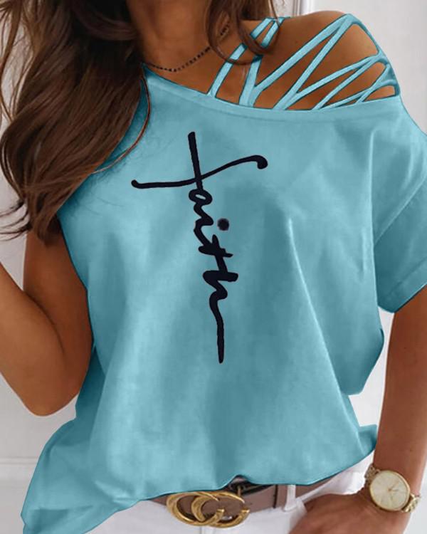 Letter Print Cutout Strappy Short Sleeve Tshirt