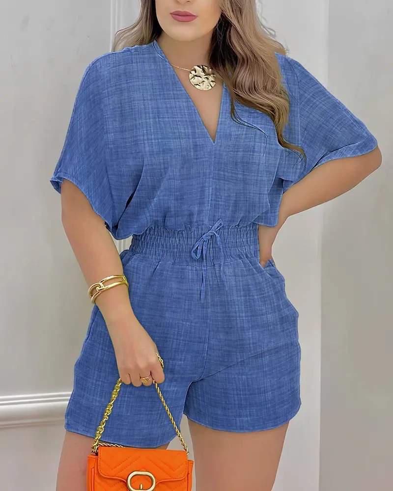 DENIM LOOK PRINT BATWING SLEEVE ROMPER