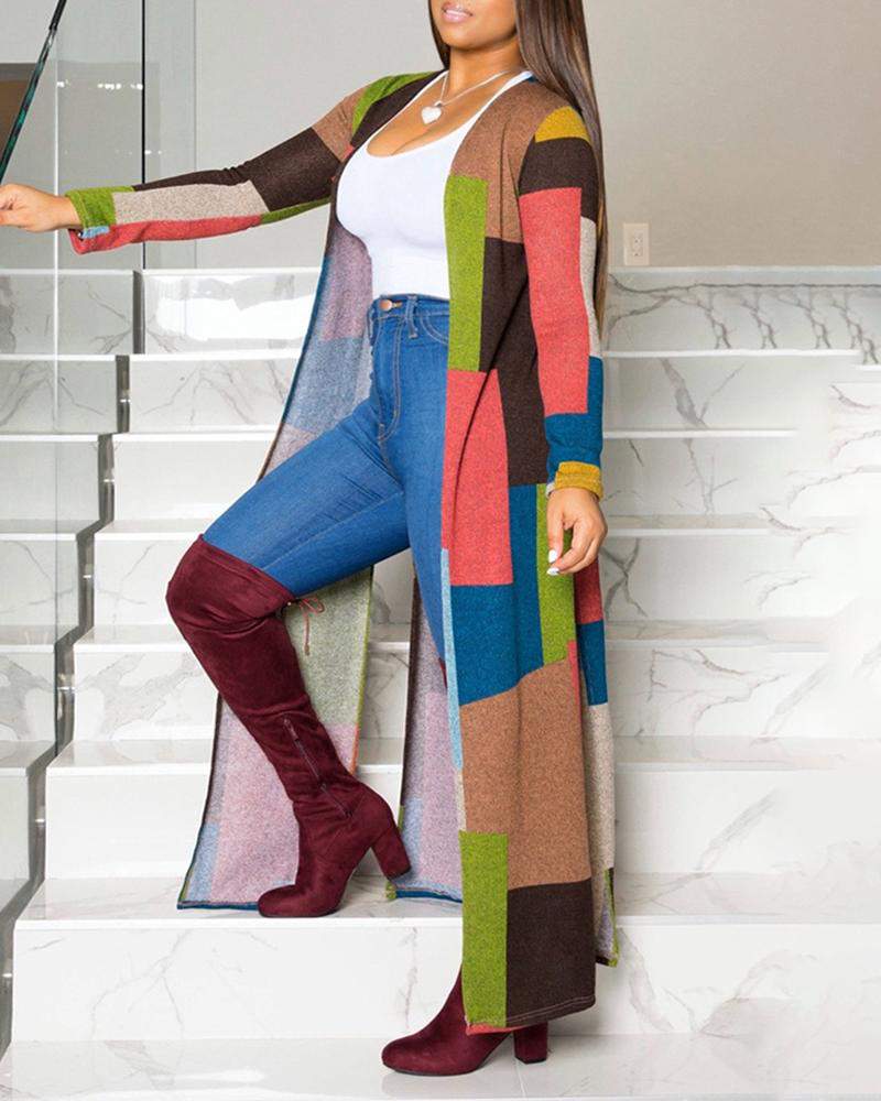 Colorblock Long Sleeve Casual Longline Coat