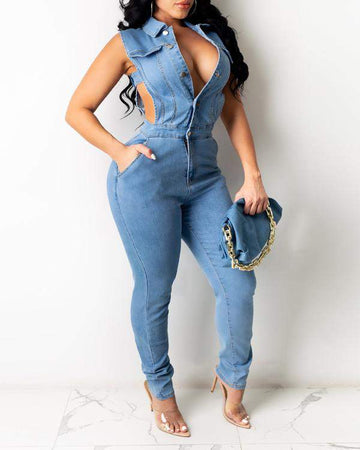 Pocket Button Design Cutout Denim Jumpsuit