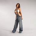  STRAP SIM WIDE LEG JEANS STYLE SPICE GIRL DISTRESSED STRAIGHT PANTS