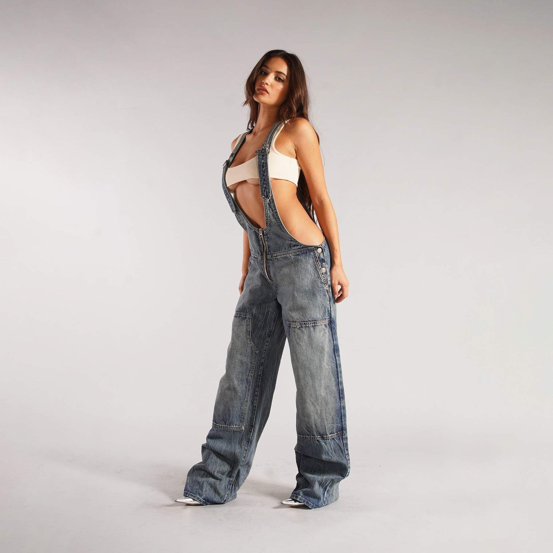  STRAP SIM WIDE LEG JEANS STYLE SPICE GIRL DISTRESSED STRAIGHT PANTS