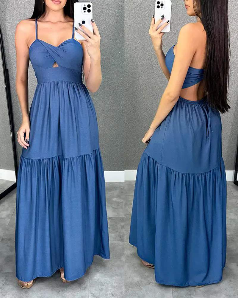 SPAGHETTI STRAP RUCHED FRONT DENIM LOOK MAXI DRESS