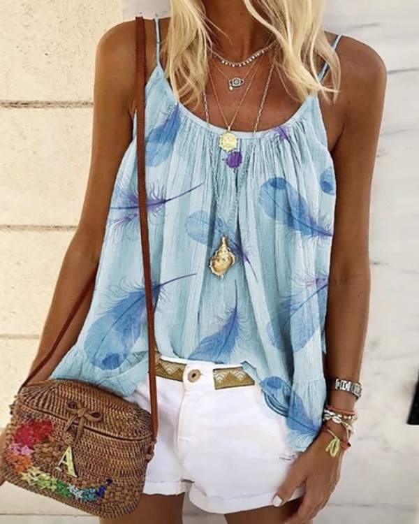 Spaghetti Strap Feather Print Top