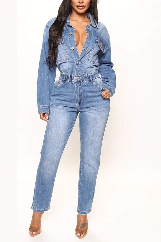 DENIM LONG SLEEVE JUMPSUITS