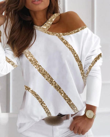 Sequins Cold Shoulder Long Sleeve Top