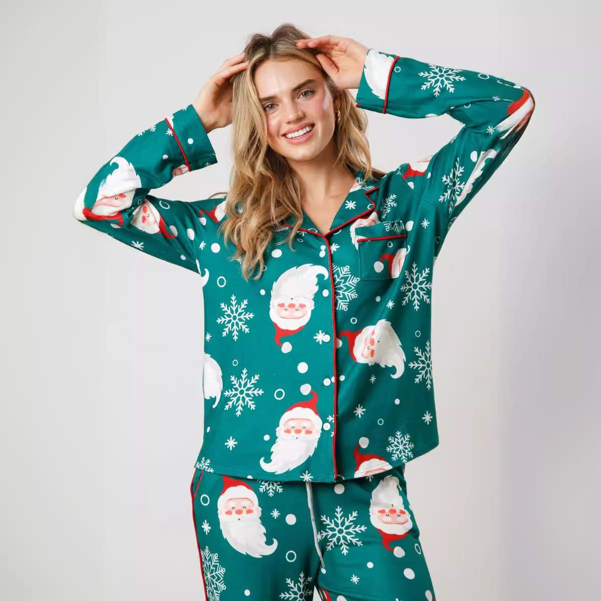 CHRISTMAS OLD MAN HEAD LONG SLEEVED PAJAMAS TWO PIECE SET WOMEN S LAPEL SHIRT PANTS SUIT