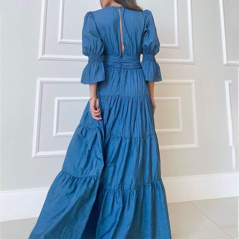 Puff Sleeve Solid Party Dress Summer Fashion Elastic Waist Maxi Dresses