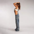  STRAP SIM WIDE LEG JEANS STYLE SPICE GIRL DISTRESSED STRAIGHT PANTS