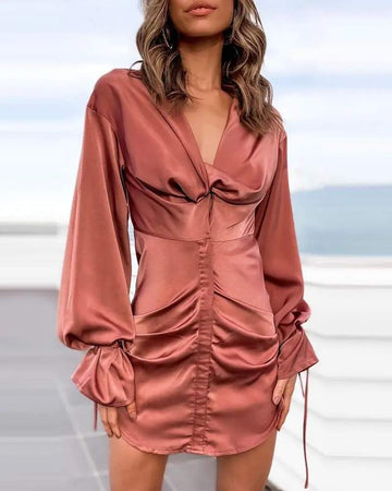 SATIN RUCHED LANTERN SLEEVE SHIRT DRESS