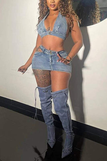 STRETCH DENIM MINI SKIRT SET