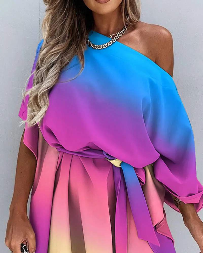 TIE DYE PRINT CLOAK SLEEVE BELTED CASUAL DRESS