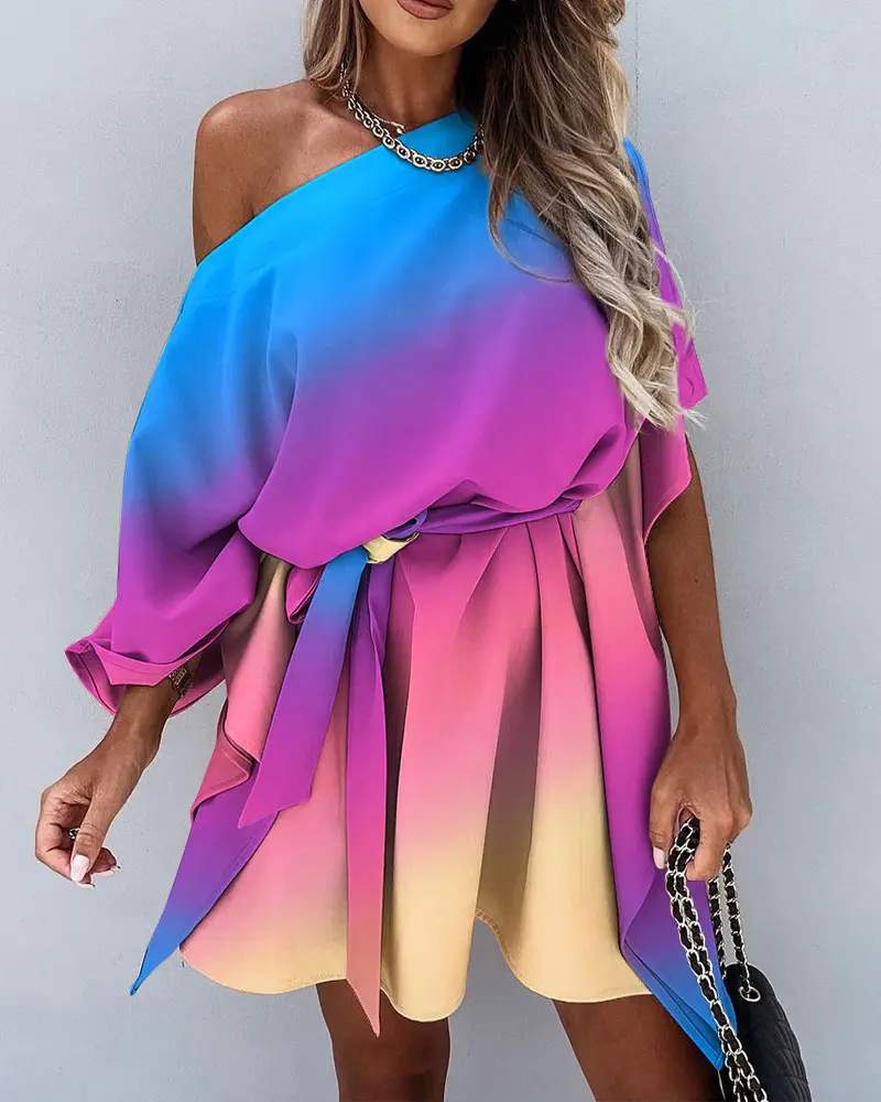 TIE DYE PRINT CLOAK SLEEVE BELTED CASUAL DRESS