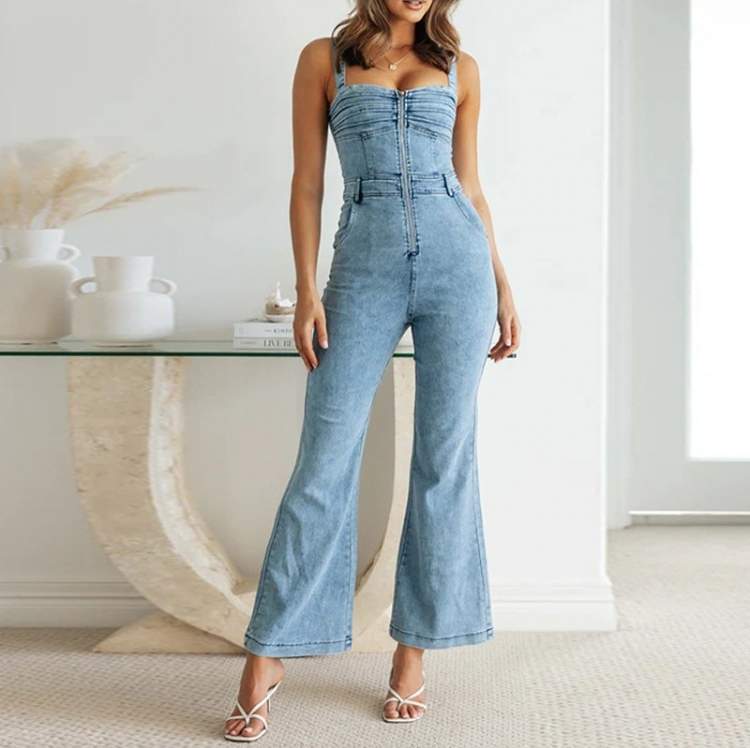 SOLID COLOR STRAPS MULTI POCKET DENIM JUMPSUIT