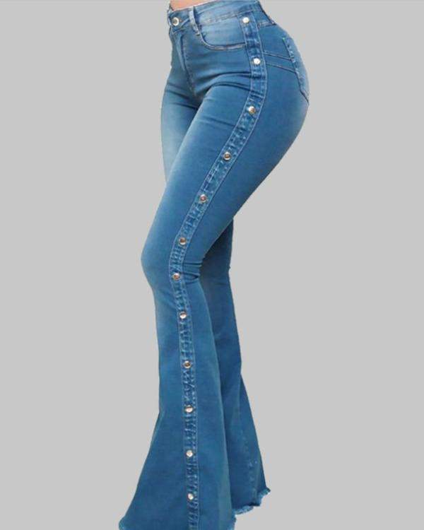 Washed Beaded High Waist Zipper Fly Raw Hem Flared Leg Stretch Skinny Jeans