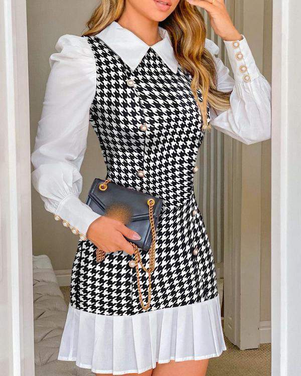 Plaid Print Button Decor Puff Lantern Sleeve Dress