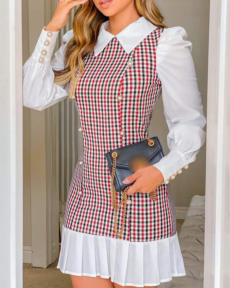 Plaid Print Button Decor Puff Lantern Sleeve Dress