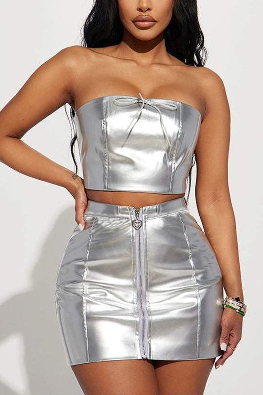 METALLIC TUBE TOP AND MINI SKIRT SET